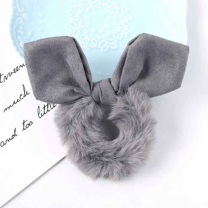 Wholesale New Fashion Women Girls INS Fur Bunny Ear Scrunchies Plush black hair ties
