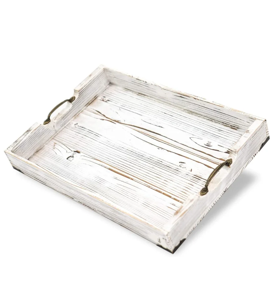 Large 20 x 14 Inch Distressed White Farmhouse Solid Pine Wood Ottoman Tray with Padded Feet and Bronze Handles