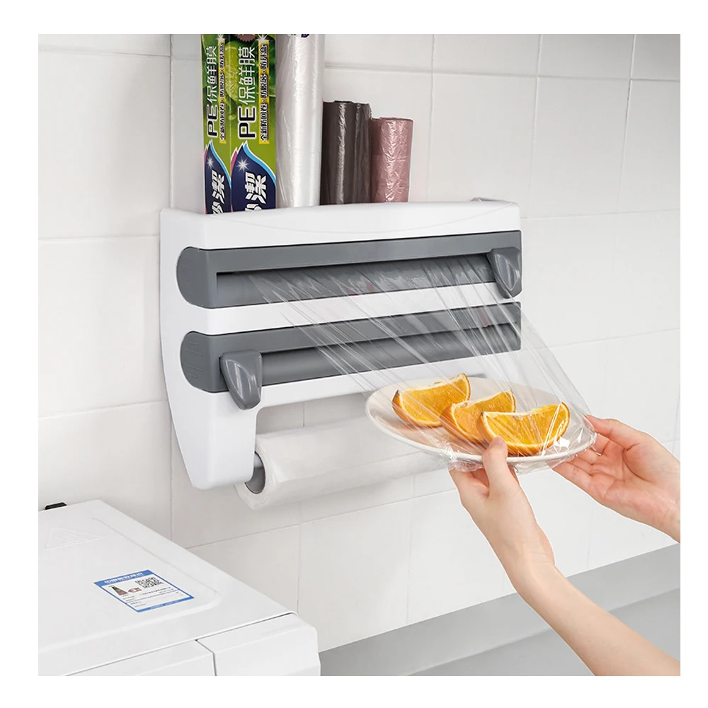 Multi-function Kitchen Shelf Spice Storage Rack Plastic Wrap Cutting Cling Film Cutter Paper Towel Holder