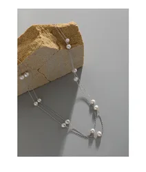 Trendy New S925 Sterling Silver Necklace Double Layered Platinum Plated Small Pearls Link Chain Layered Necklace Women Girl