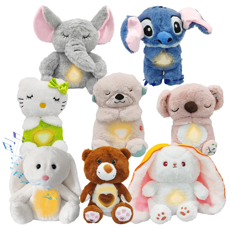 Sleep Plush Bear Toys Gift Newborn Breathing Animals Ears Moving Music Appease Gift Breathing with Light Sound