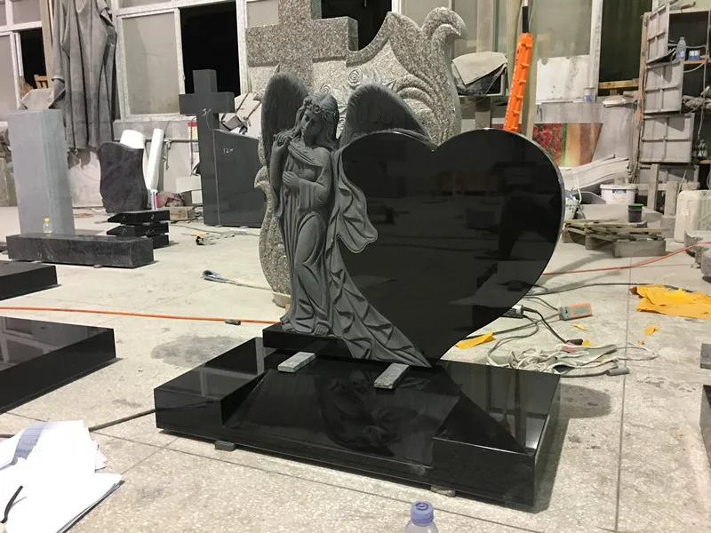Child Angel Statue Polished Funeral Gravestone Headstone Tombstone with Carved Black Heart
