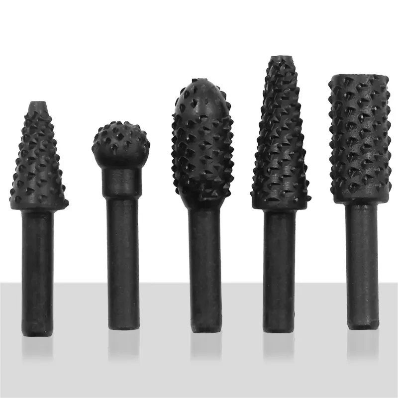 5Pcs 1/4' Rotary Burrs Set Wood Carving Tool Rotary Rasp File Drill Bit Cutting Tools Engraving Woodworking Carpentry Tools
