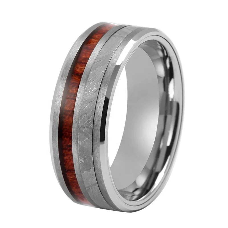 TIZTI Ring Jewelry 8mm Stainless Steel ring Muonionalusta Meteorite and Koa Wood inlay Tungsten Men rings