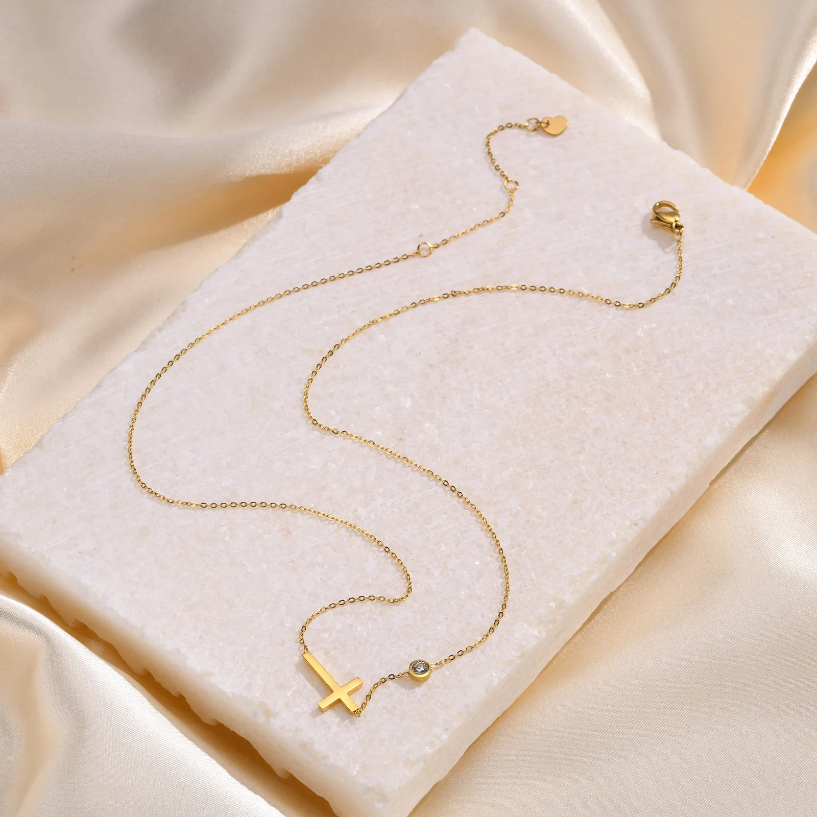 Stainless steel cross straight line geometric shape pendant with mini zircon necklace and bracelet women simple elegant jewelry