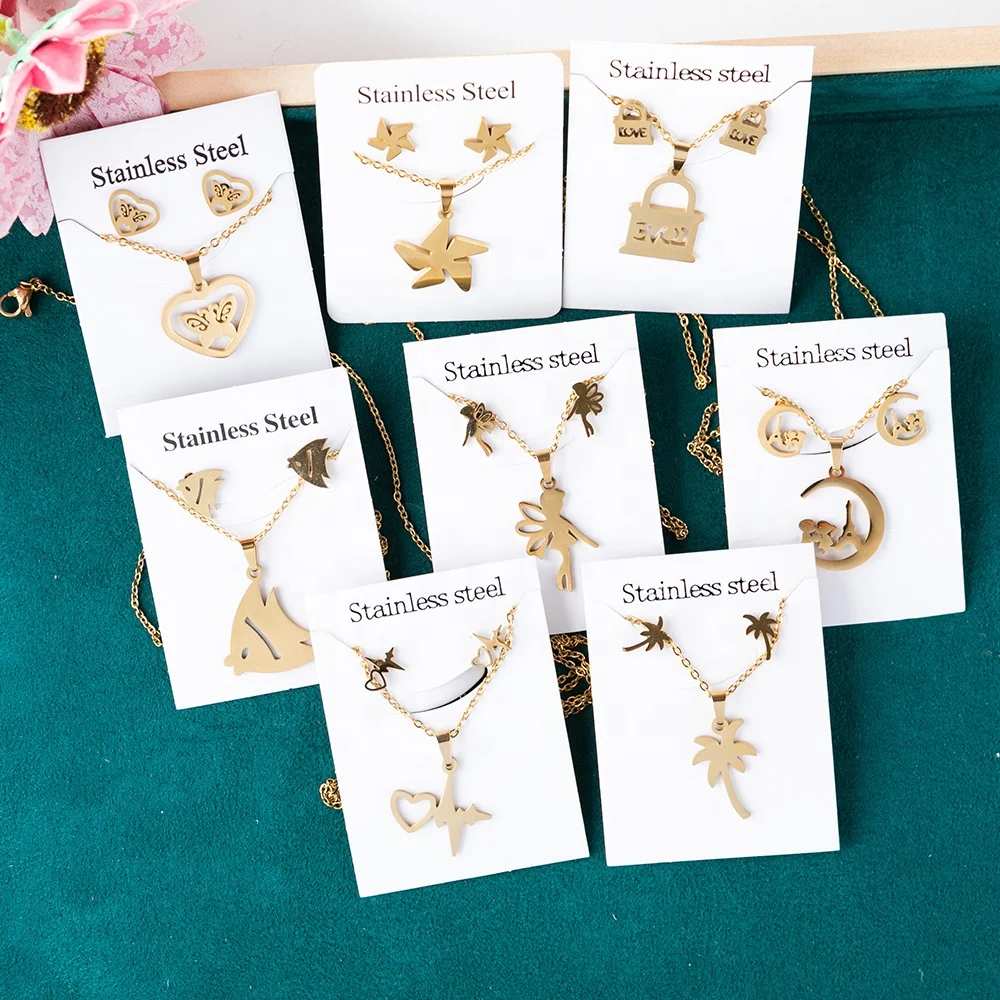  New Gold Plated Butterfly Heart Necklace Earrings for Women Girl Various Styles Stainless Steel ecg windmill Jewelry Set
