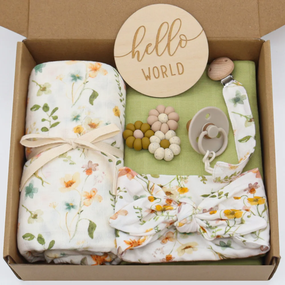 2023 New Baby Muslin Swaddle Blanket Set Bamboo Cotton 47*47 inches Floral Printed Newborn Wraps toys brush Set