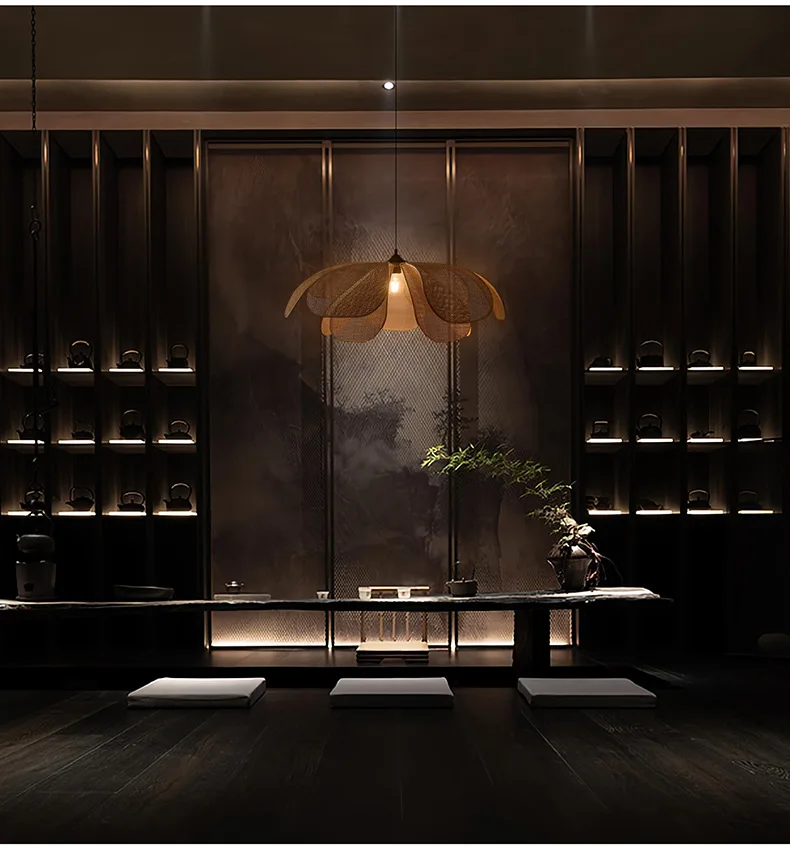 Japanese-style living room rattan chandelier living room pendant light Zen tea room petal lamps