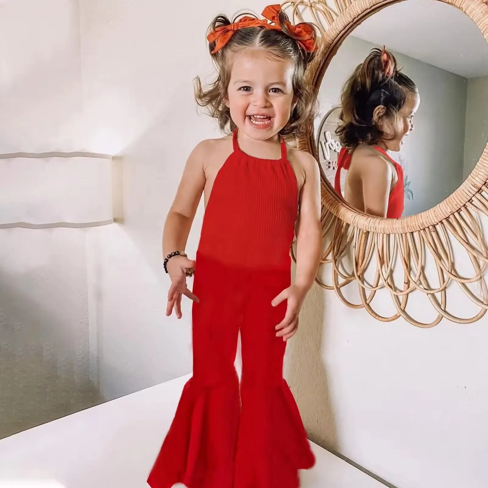 Summer Lovely Baby Girls Jumpsuits Pants Solid Ribbed Halter Jumpsuit Trousers for Toddler Girls Backless Flare Pants
