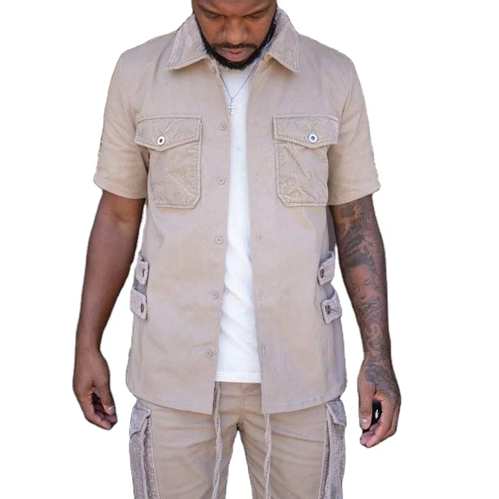 Custom logo summer fashion casual men clothing slim fit short sleeve cargo denim shirts shirt set mens
