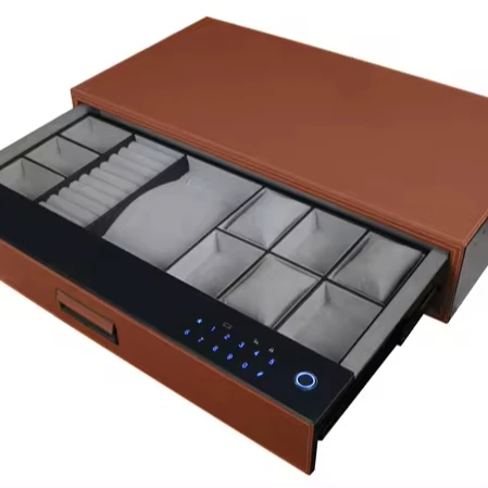 Luxury Tempered Panel Alloy Aluminum Handmade Leather Cabinet Fingerprint Smart Password Touch Lock Storage Safe Box Drawers