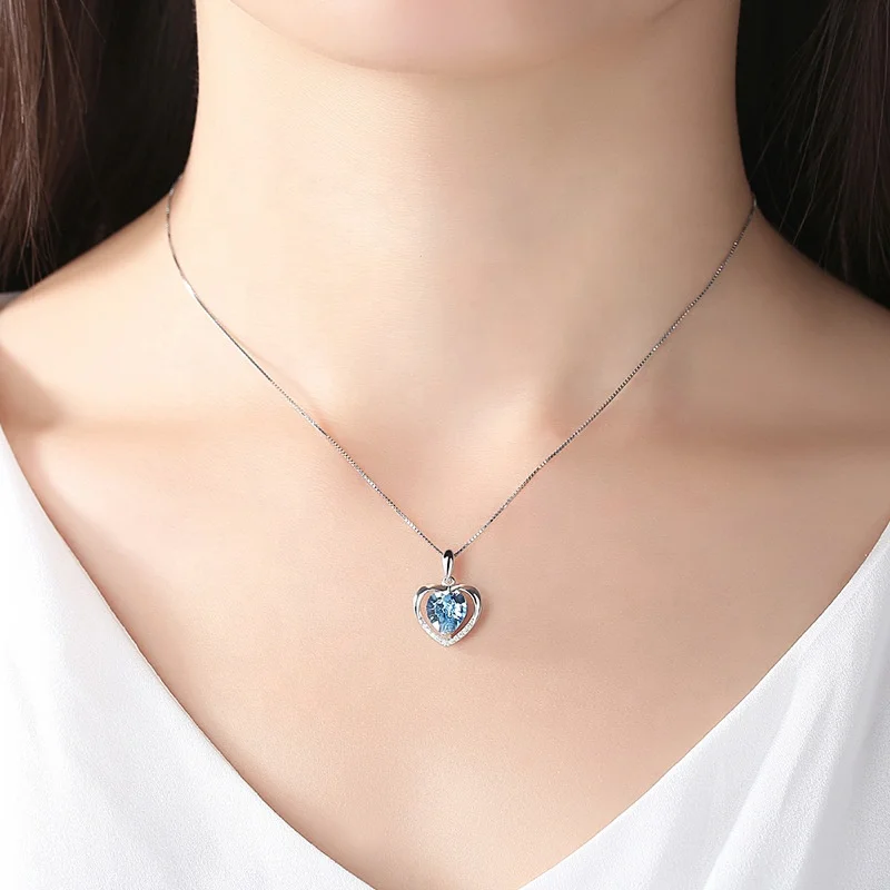 YA122 925 Sterling Silver Mom Necklace with Blue Pink Ocean Heart zircon Crystals Pendant Mothers Birthday Jewelry Gifts