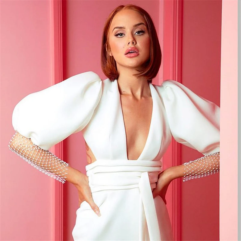 
A3873 Summer 2020 ladies white puff sleeve sexy deep V neck backless hollow out evening dress elegant mesh sleeve party dresses 