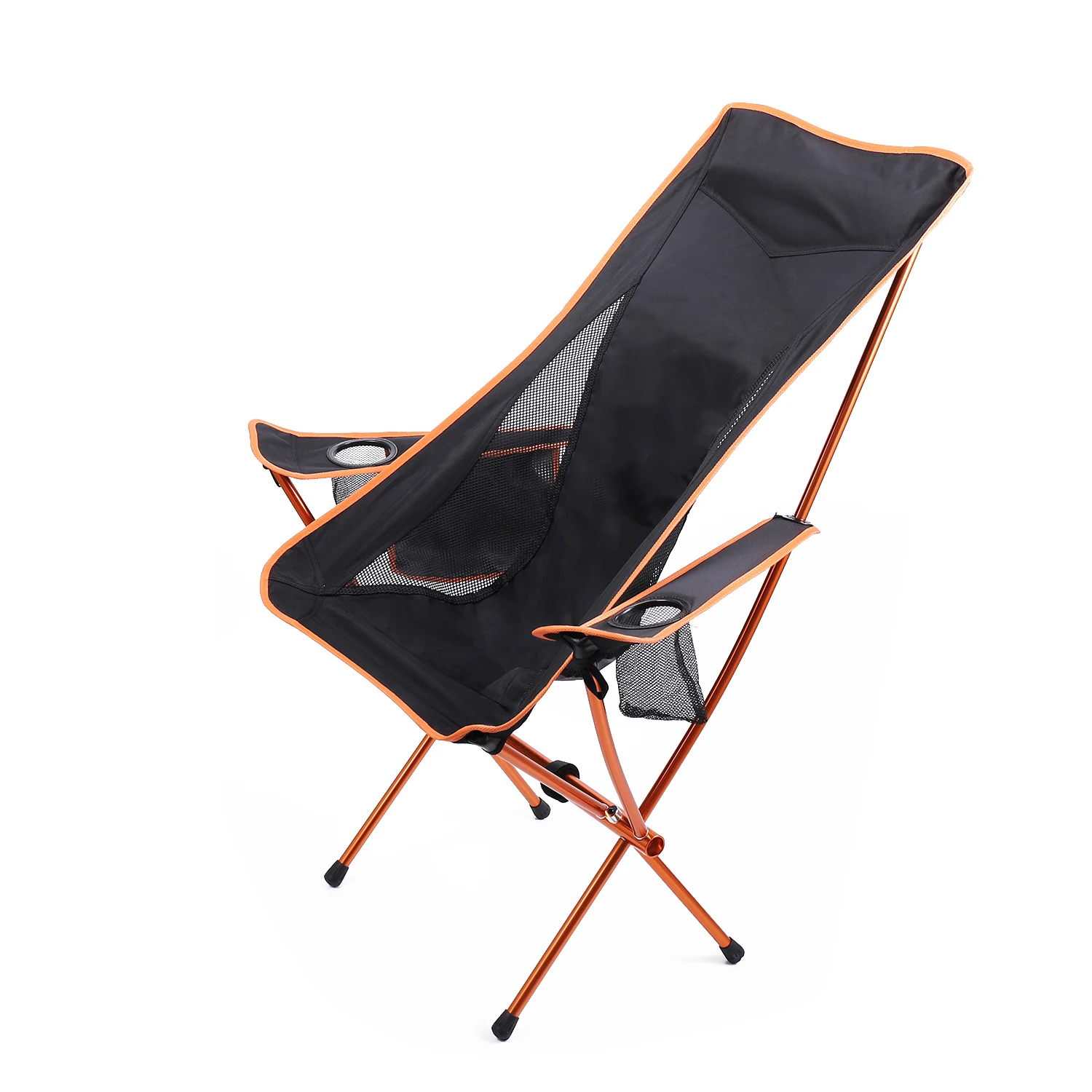Factory Sale Custom Logo Black & Orange Outdoor Camping Moon Chair with Cup Holders
