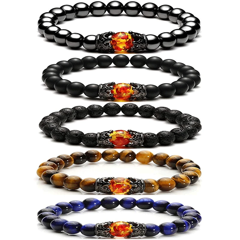 Natural Gemstones Charm Fashion Natural Jewelry Elasticity Antique Crown Blue Tiger Eye Stone Beaded Bracelet for Men