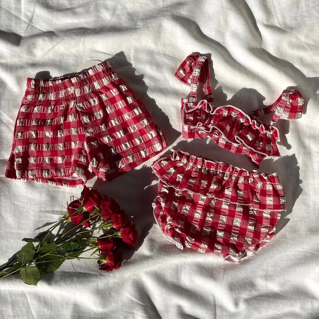 Custom LOGO Swimsuit Kids QUICK DRY Checkered Ruffle Children Swimwear Cute Ruffle-Strap Recyclable Fabric Baby Bathing Suits