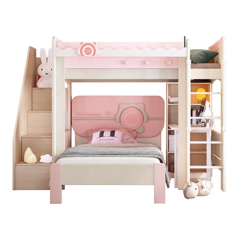 
girl pink queen loft bed dor kids modern small family type bed with desk and bookcase and closet for children bedroom 