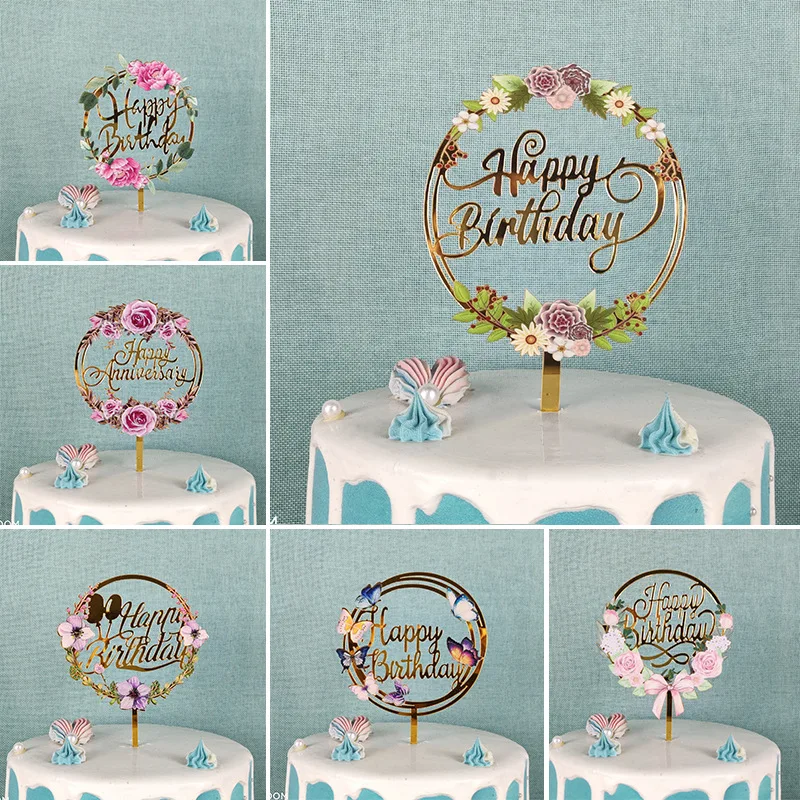 LOW MOQ cake decoration flower design printed acrylic cake topper birthday