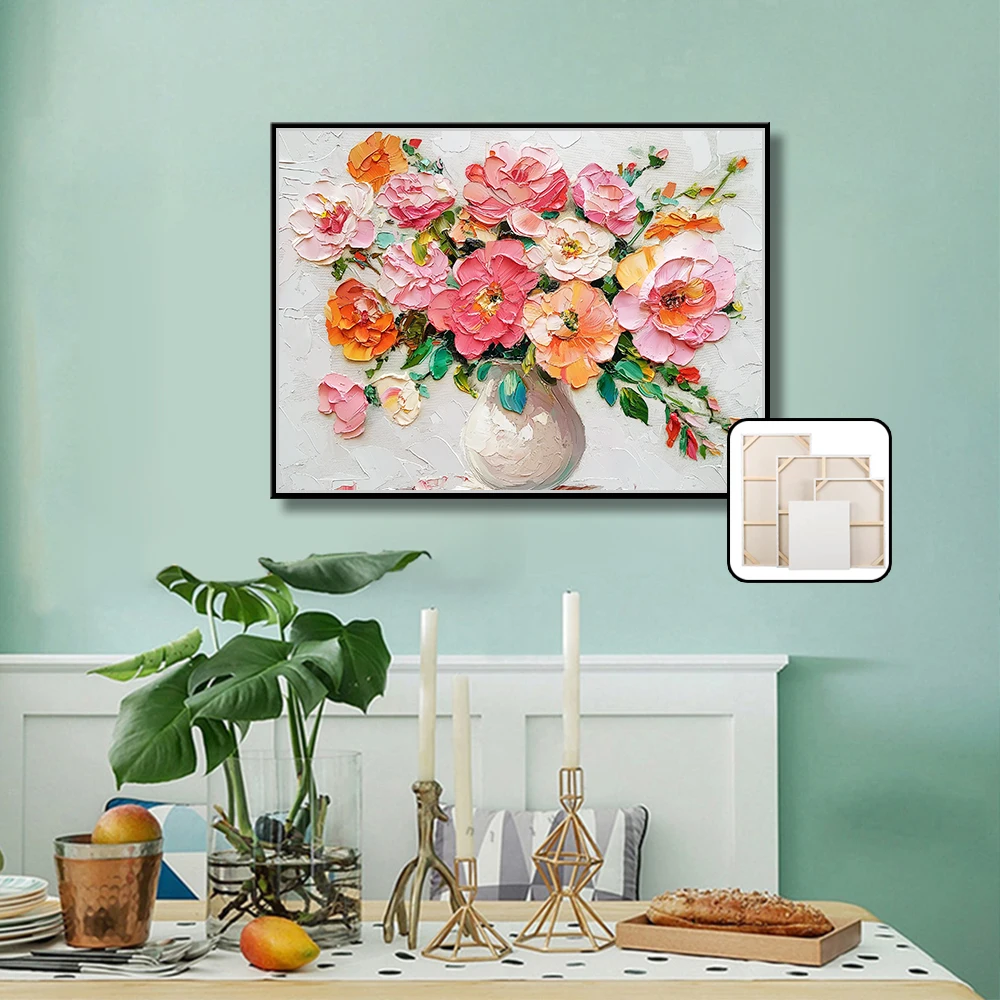 Pure Hand-Painted Pink Roses and White Vase Living Room and Bedroom Wall Art Hanging Decor Home Paintings Decorations