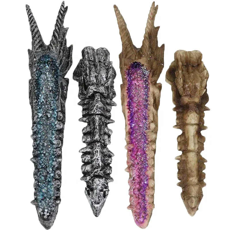 Custom resin ancient fossil triskele skull figurine incense burner dragon head skeleton incense stick holder with faux crystal