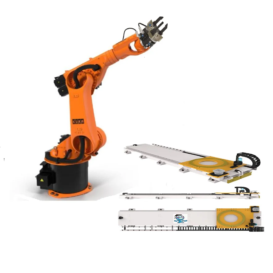 6 Axis robot kuka KR 30 with SCHUNK JPG 3 finger gripper and CNGBS linear tracker for palletizing robot solution