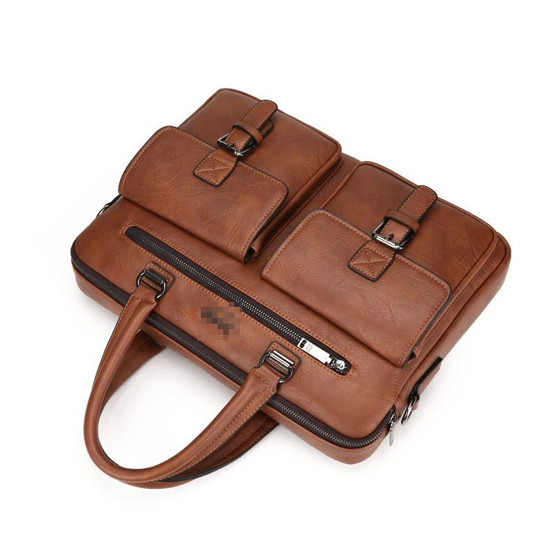 Classic male travel office work brown pu document A4 tote tablet computer pack business men leather briefcase bag customized