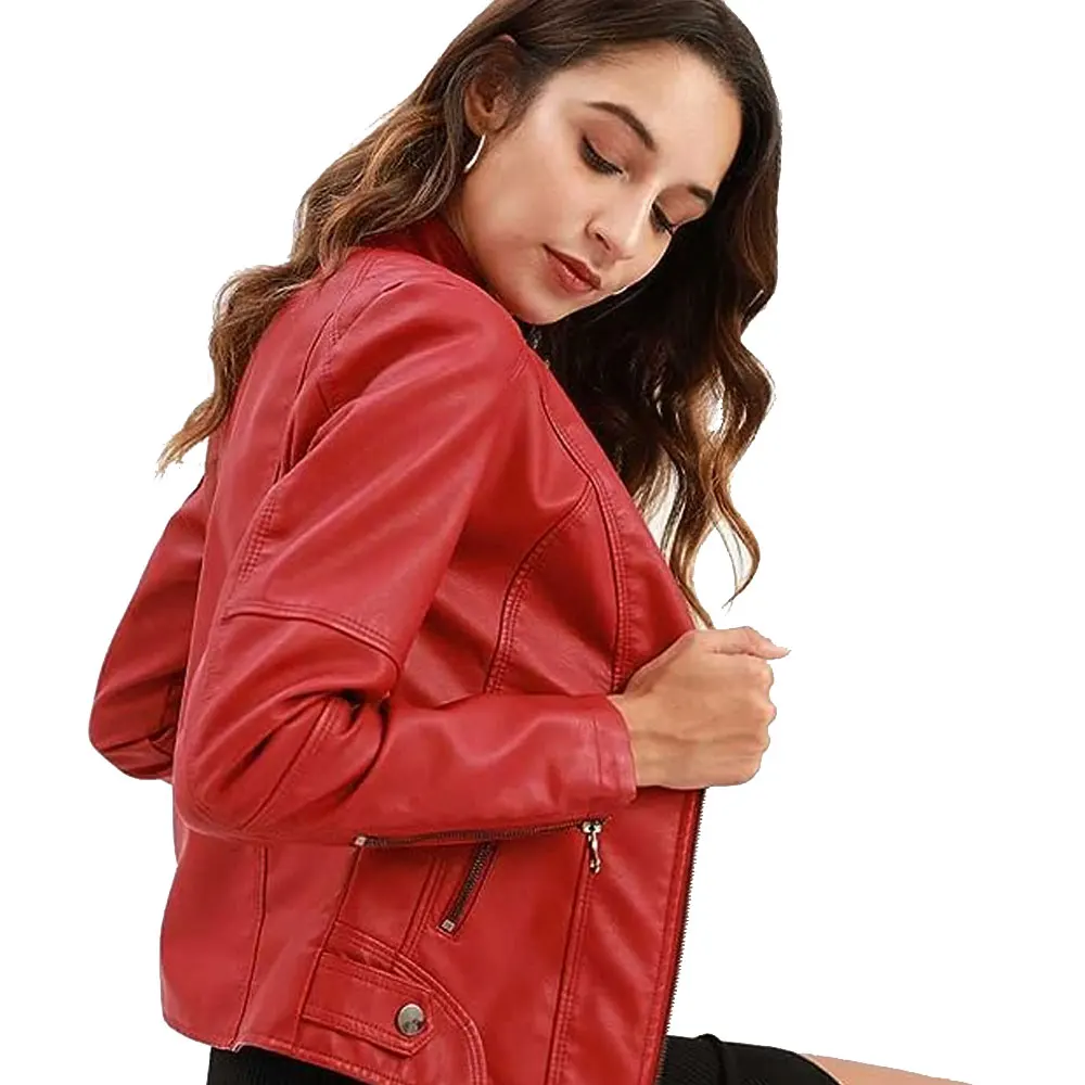 Red Women Leather Jacket  Long Jackets Custom Wholesale Fashion Women Coats Motorcycle Cropped Ladies Leather Jacket Coat