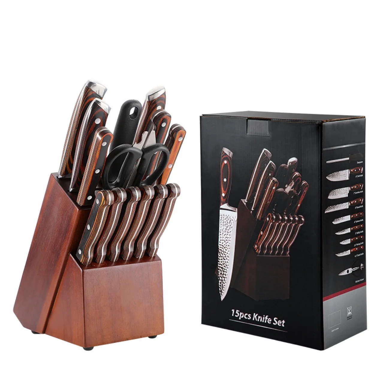 Customized 15 Piece Japan Damascus 3cr13 Stainless Steel Engraved Chef Acacia Knife Kitchen Knives Set With Wooden Block