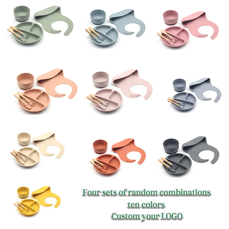 Wholesale stock custom your logo baby plate suction silicone baby silicone bib bowl spoon tableware set