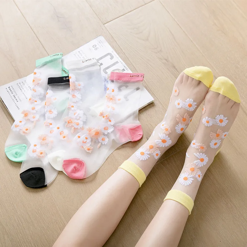 Summer fashion super bright silk japanese small daisy custom sock glass-fiber thin high quality women girls Transparent socks