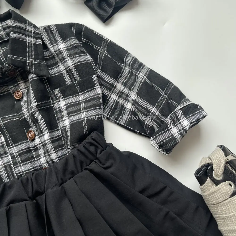 Yiwu Ruidian OEM Autumn Flannel Black And White Plaid Long-Sleeved Shirt + Black Pleated Skirt 2 Pieces Baby Girl Clothes Set