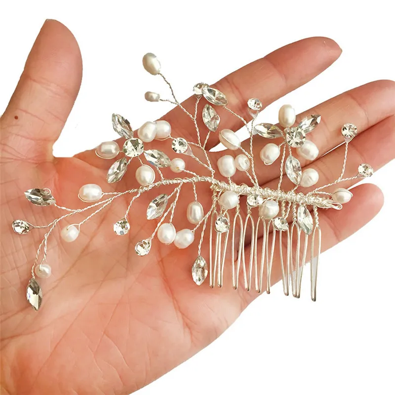 RE3839 Fresh water pearl bridal hair comb handmade rhinestone flower wedding hair piece hair barrette