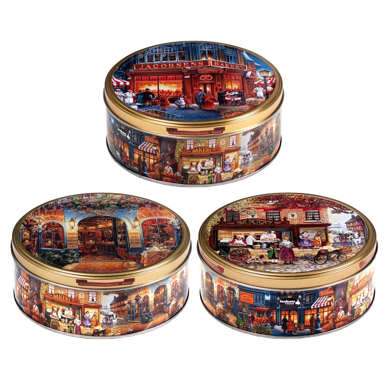 Hot Sale Custom Design 7 inch 10 inch cookies clear lid round tin can christmas tin box with lid for cookies cake