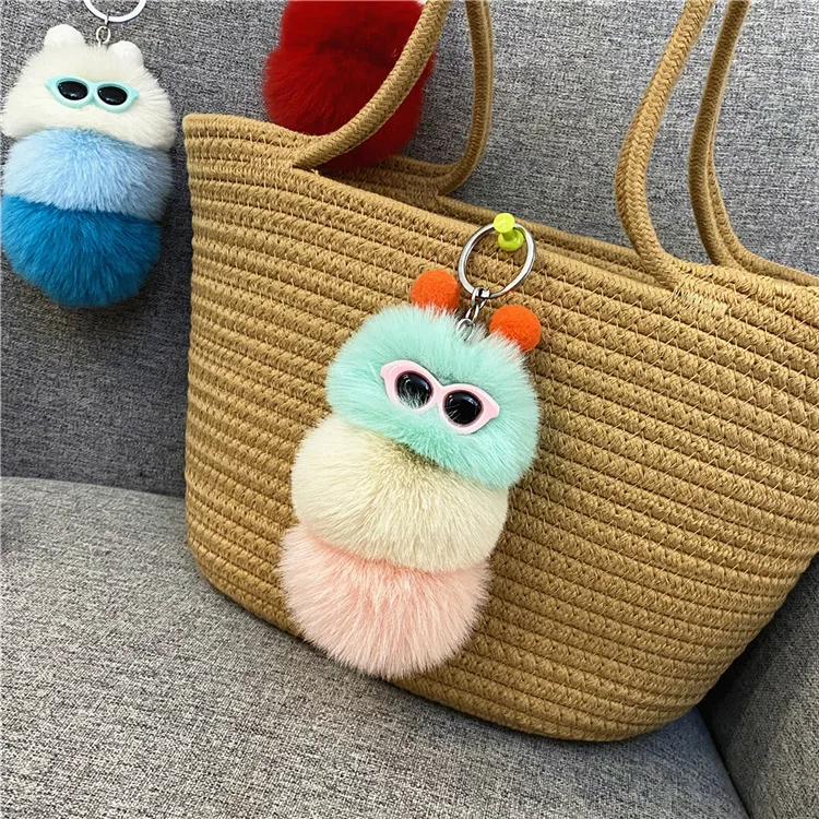 Fancy Caterpillar Keychain Rabbit Fur Caterpillar pom Pom animal Key chains with Sunglasses and Winter Knit Hat stuffed toy