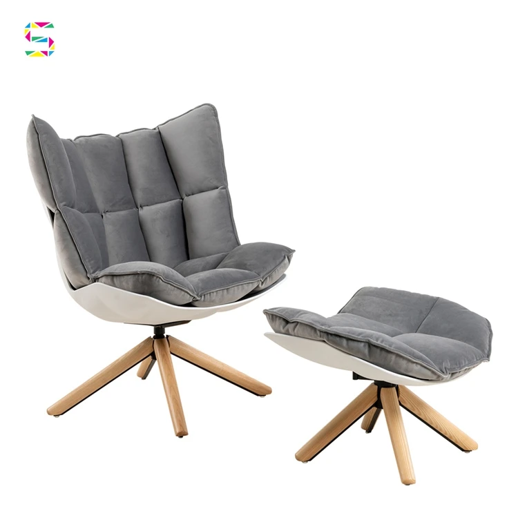 Wholesale Modern Boho Armchair Swivel Chair Wood Legs Fabric Single Leisure Womb Chair With Ottoman DC-1565