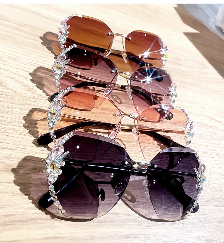 Boxun Fashion New Rimless Frameless Metal Frame Square Oversized Diamond Cut Rhinestone Sunglasses For Women
