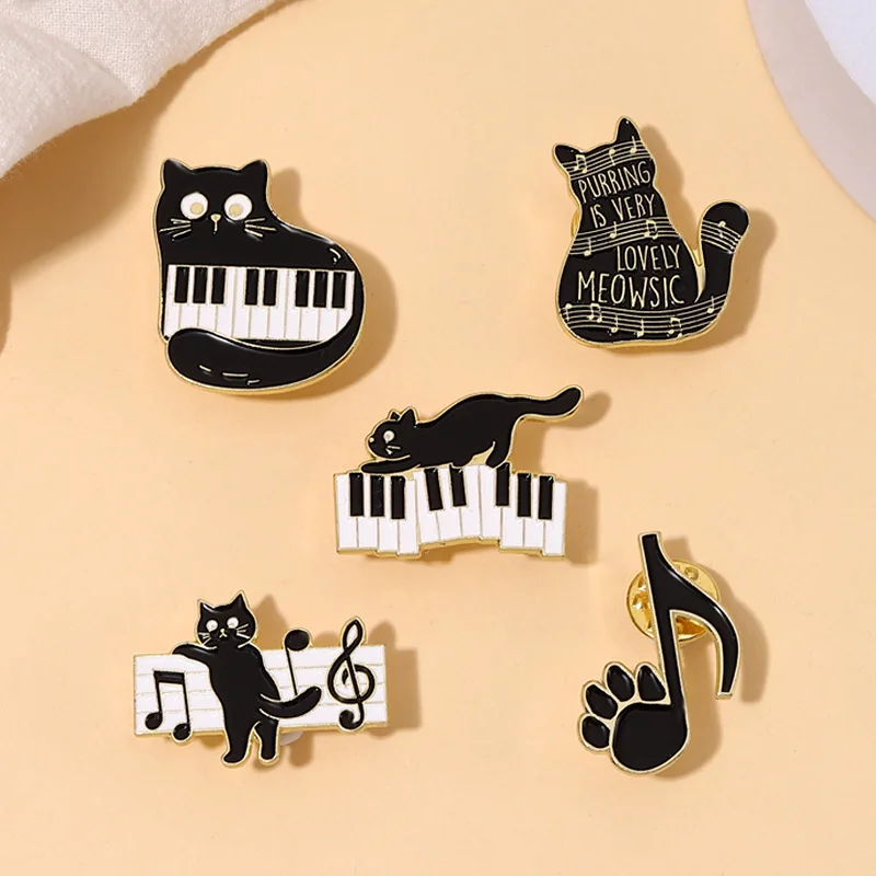 Factory Enamel Pins No Minimum Lapel Pin Corsage Music Cartoon Cute Black Cat Piano Note Alloy Custom Enamel Pin Anime