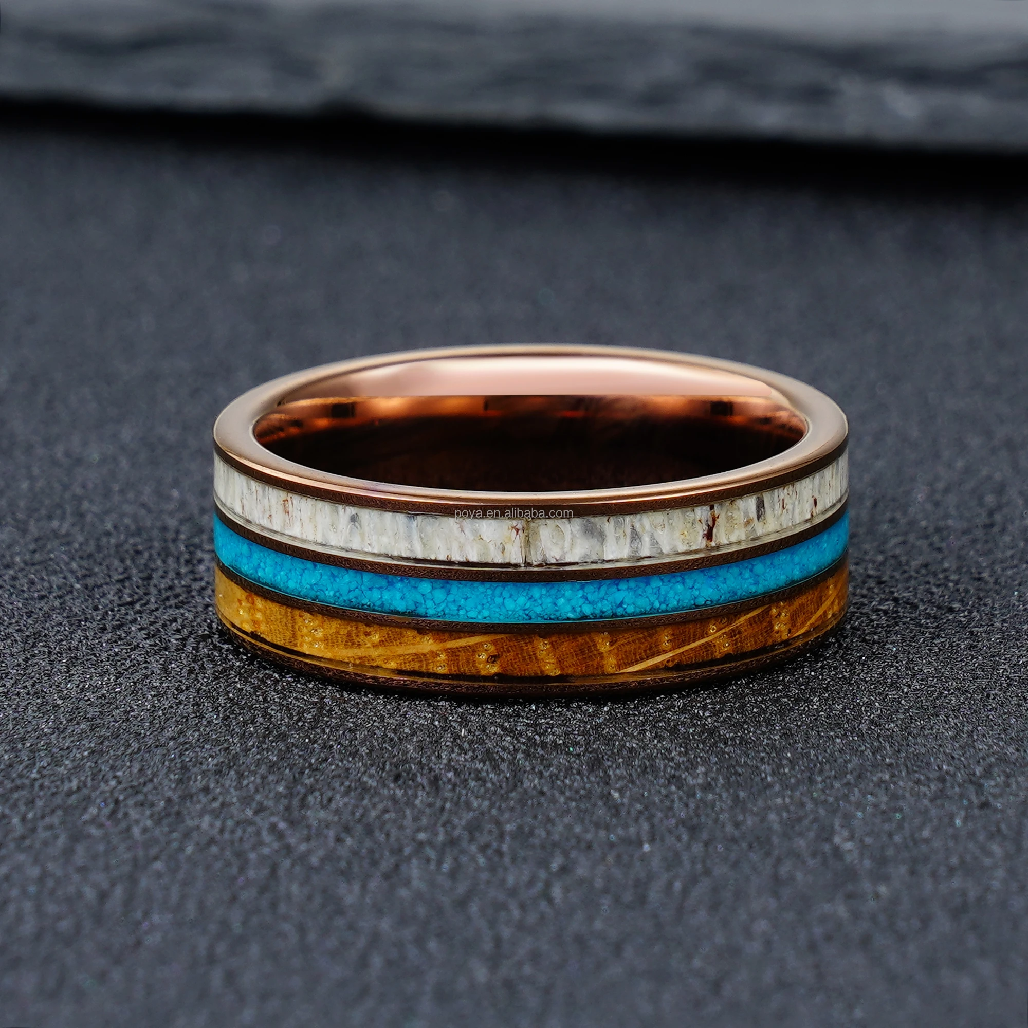 Triple Channels Blue Opla Whiskey Wood Antler Inlaid Coffee Bronze Plated Tungsten Ring