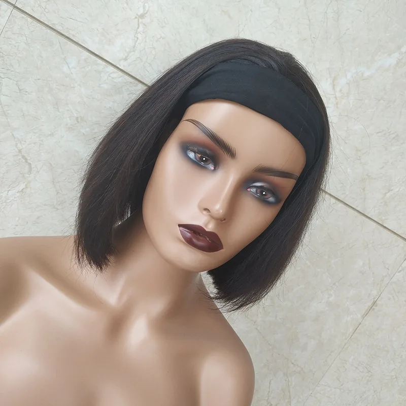 STOCK Headband machine made short bang bob 12a double drawn fringe natural cuticle aligned human hair straight wig