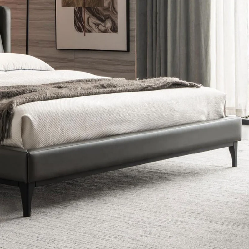 Fashionable luxury style villa bedroom furniture modern sofa bed solid wood frame dark gray comfortable leather bed