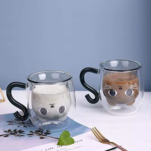 Cute Cat Mug Tea Glass Cup Double-layer High Temperature Resistant High Borosilicate glass Cup Latte Cappuccino Christmas Glass