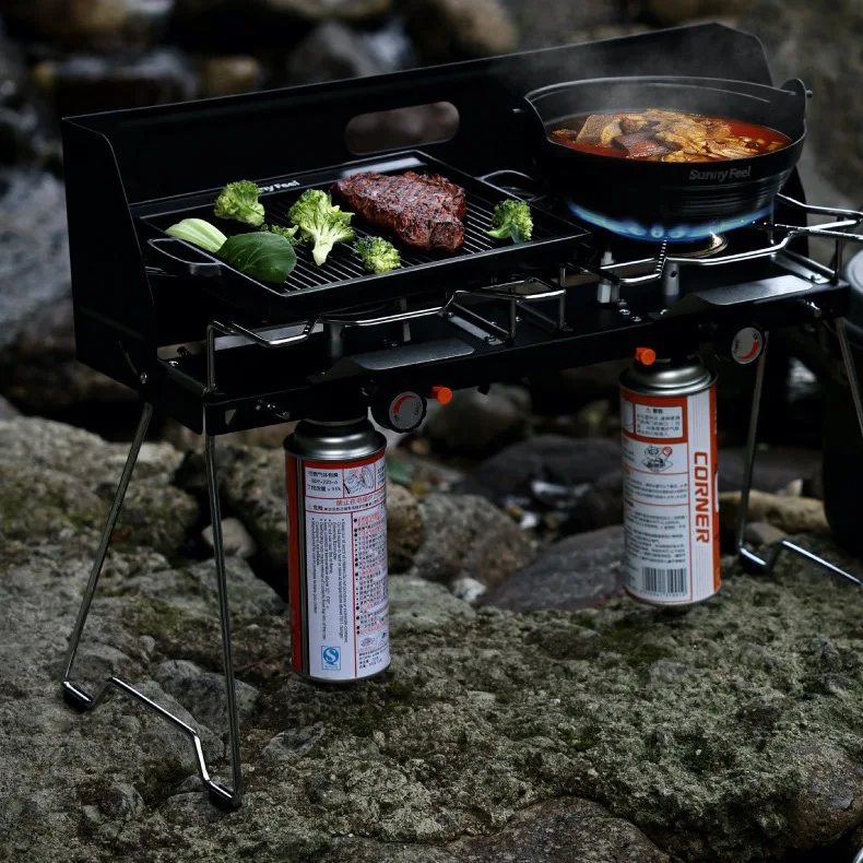 Firstents Outdoor Camping Folding Cassette Double-head Stove Heightened and Enlarged Camping Gas Barbecue Stove Picnic