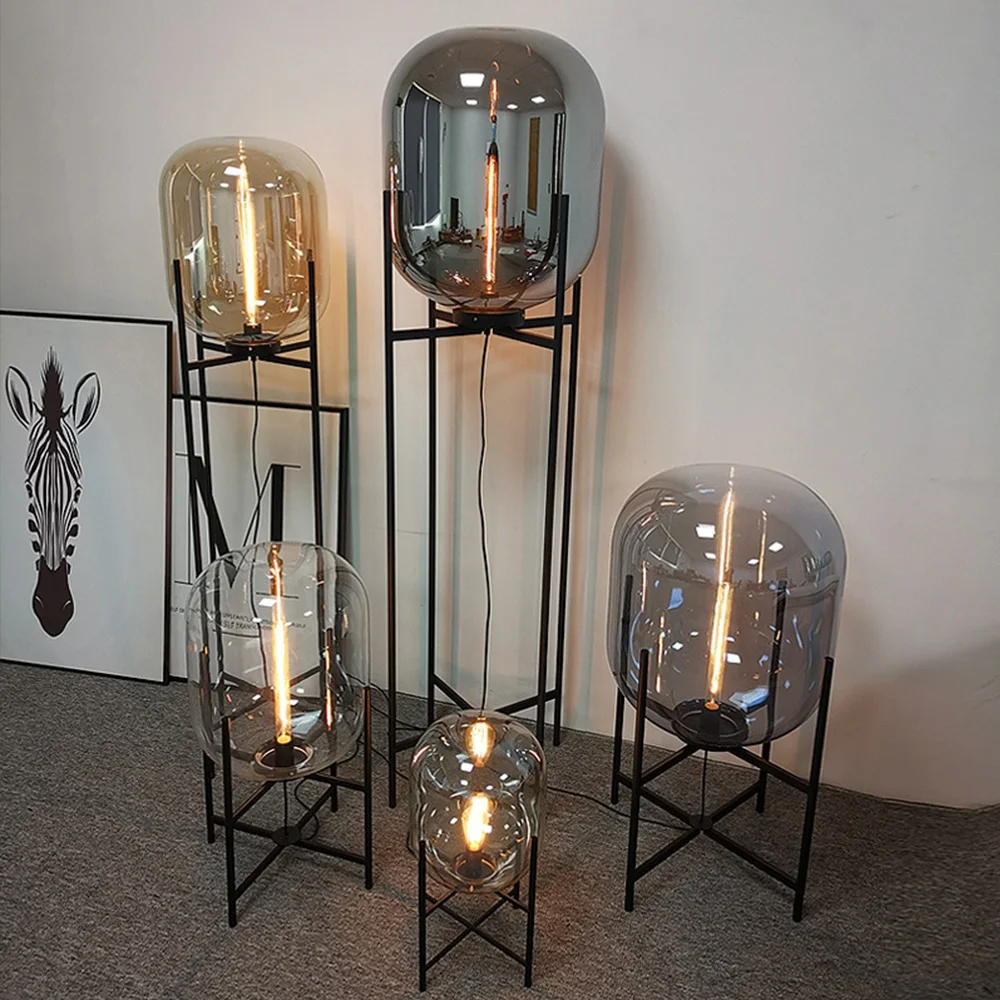Luxury Design Smoked Glass Metal Floor Lamp Light Nordic Modern Home Decor Vertical Black Floor Lamp