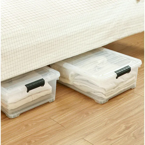 30L transparent  plastic under bed stackable storage box with lid