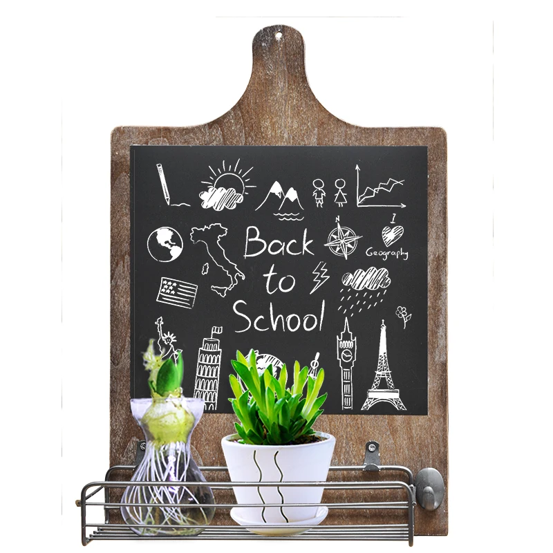 Decorating blackboard with holder for writing menus and for  holding wine bottle and accessories