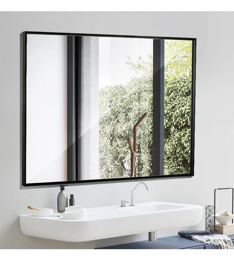 Rectangular Decorative Bathroom & Living Room Wall Mirror Black Metal Frame for Lateral Lengthwise Hanging