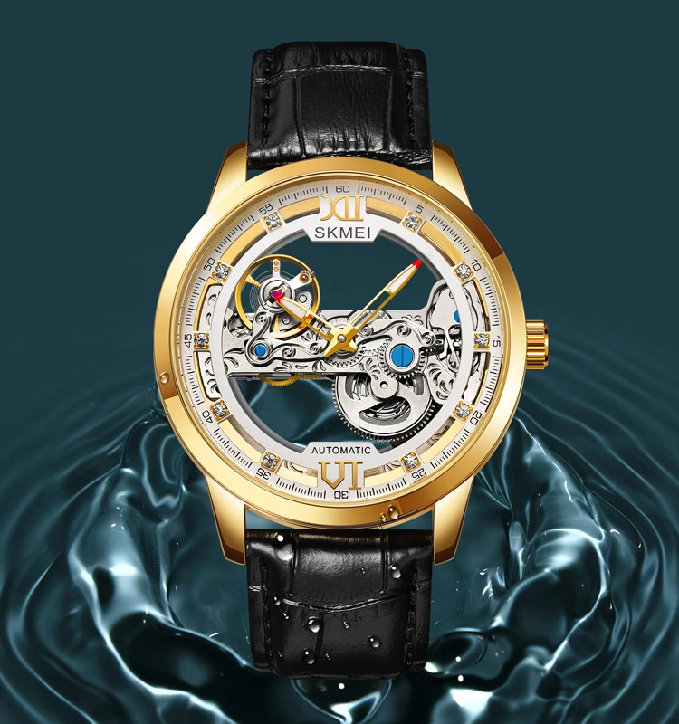 high quality waterproof skmei M031 luxury gold skeleton transparent men mechanical leather strap automatic watch