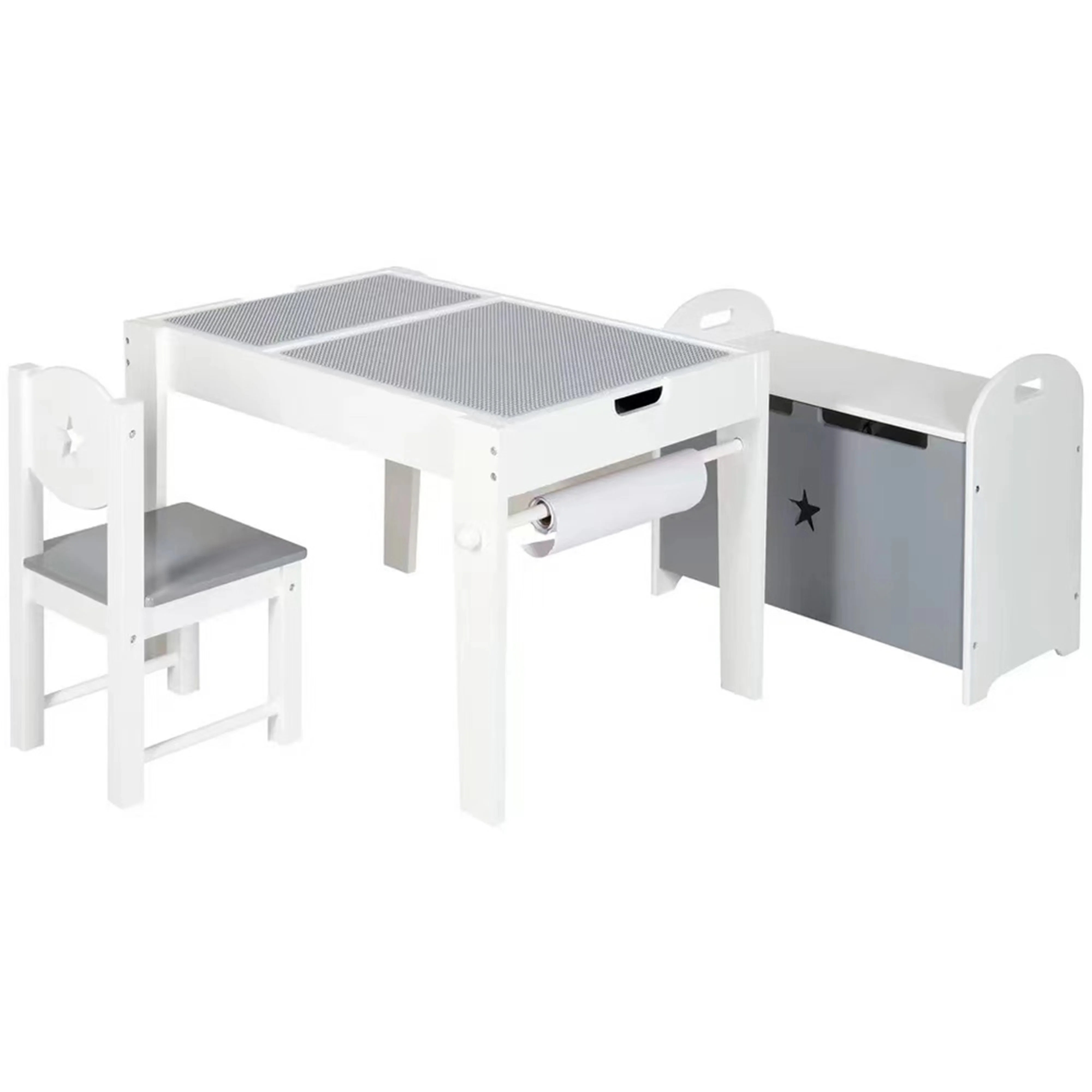 Wood Kids Lego Bricks Play Table with Reversible Desktop and Storage Drawer Wooden Activity Table Play set with Drawing paper