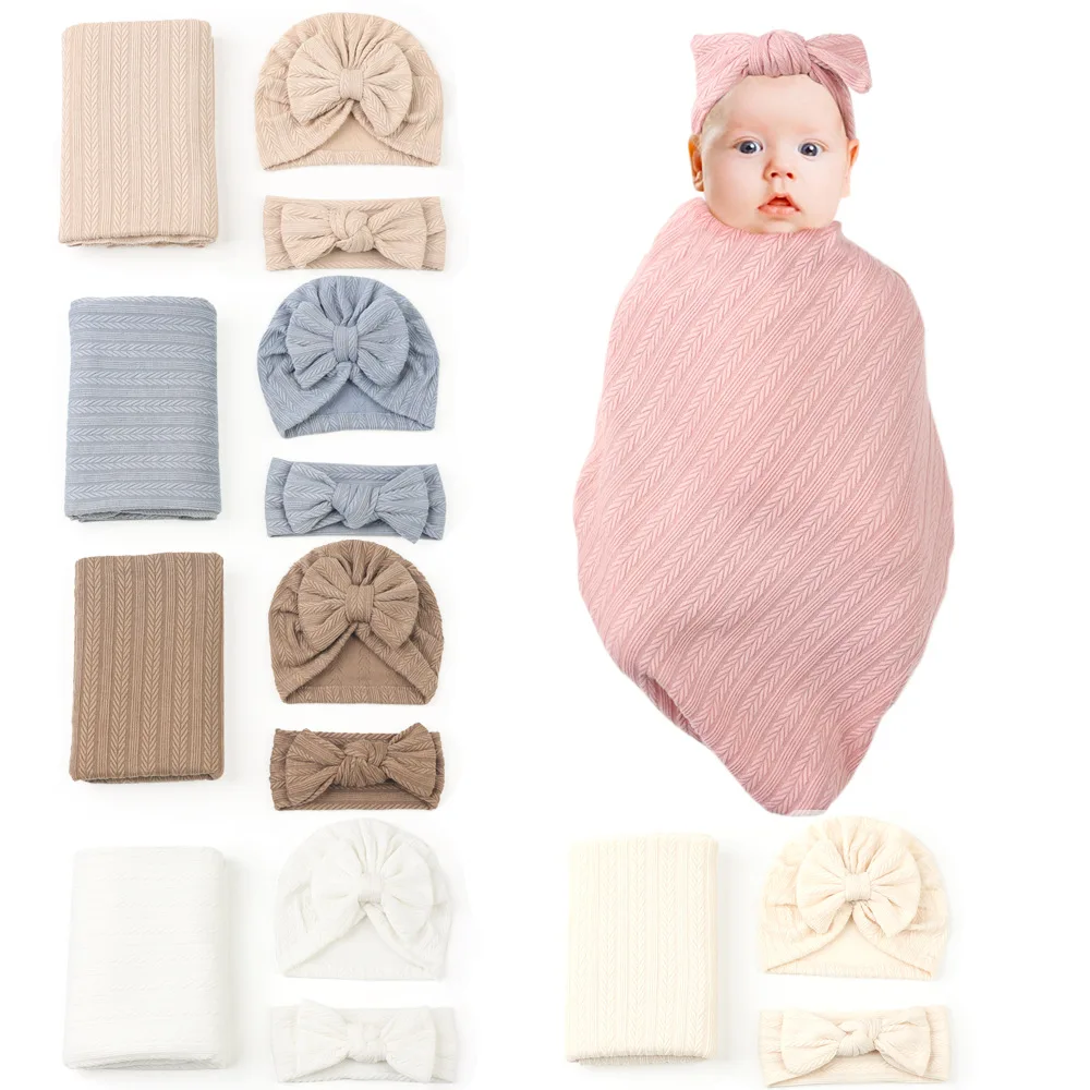 Solid 3 Piece Newborn Receiving Blanket Polyester-Cotton Fabric Wheat grain Pattern Baby Swaddle Set