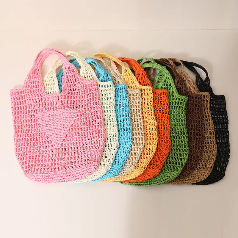 Luxury Women Handmade Crochet Raffia Beach Bag Hand Made Blue Boho Kit Net Crochet Shopping Sling Shoulder Bag